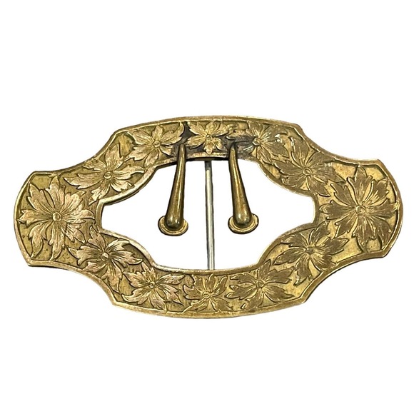 Antique Victorian Buckle Style Sash Pin Brooch Ornate Floral Design Brass - Picture 8 of 8